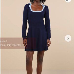 Lulus Perfect Outcome Navy Long Sleeve Sweater Mini Dress Blue - Size M